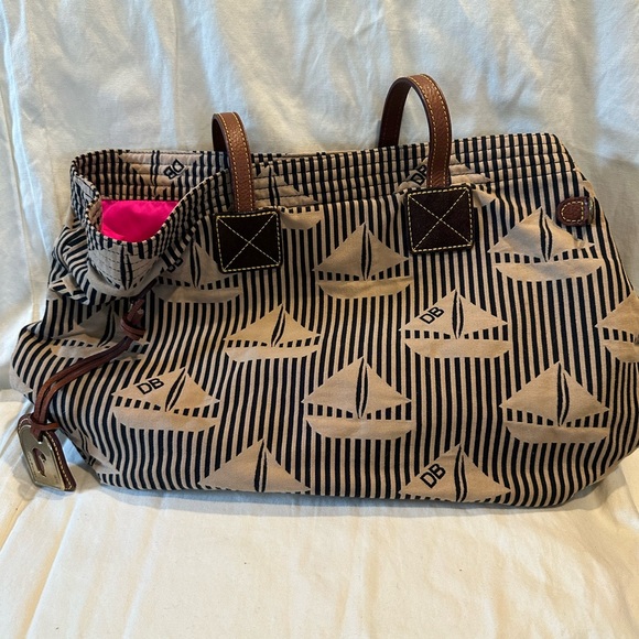 Dooney & Bourke Handbags - Dooney & Bourke Striped Sailboat Tote, Leather Straps, and Pink Liner